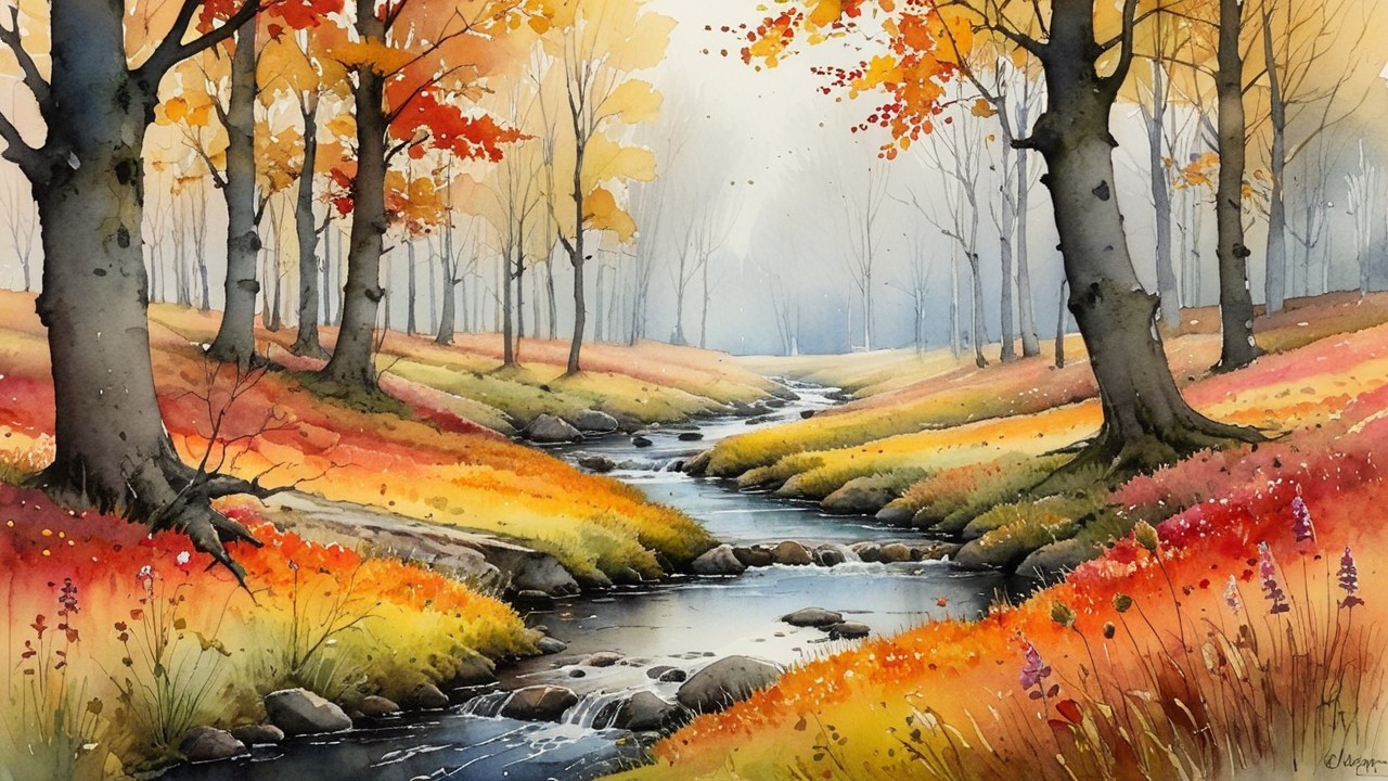 Autumn Landscape with Stream and Colorful Foliage