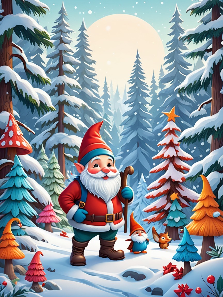 Whimsical Winter Landscape with Santa Claus and Forest Elements