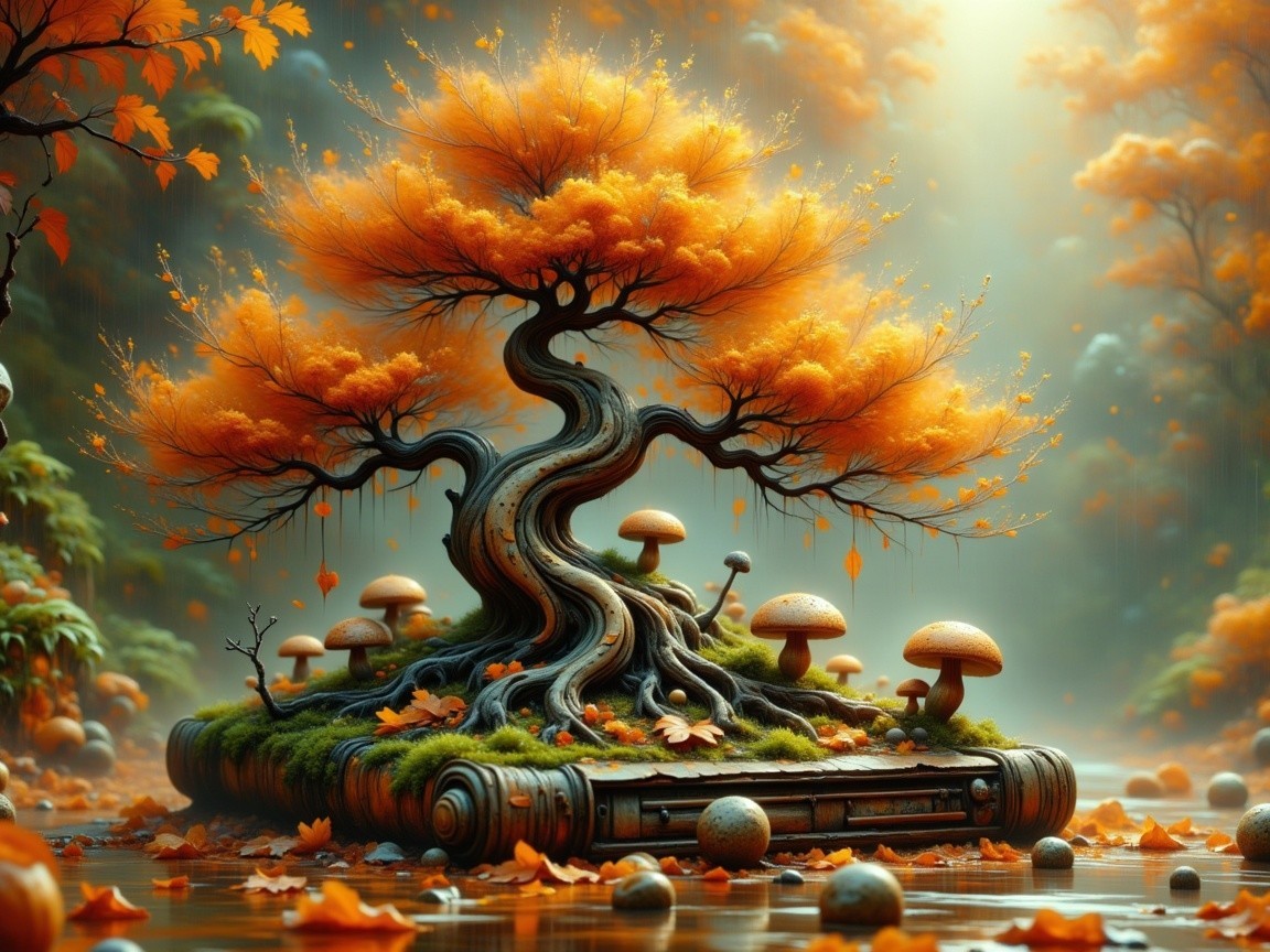 Majestic tree with orange foliage in a serene scene
