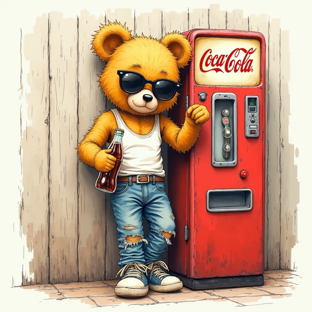 Cartoon Bear by Vintage Coca-Cola Vending Machine