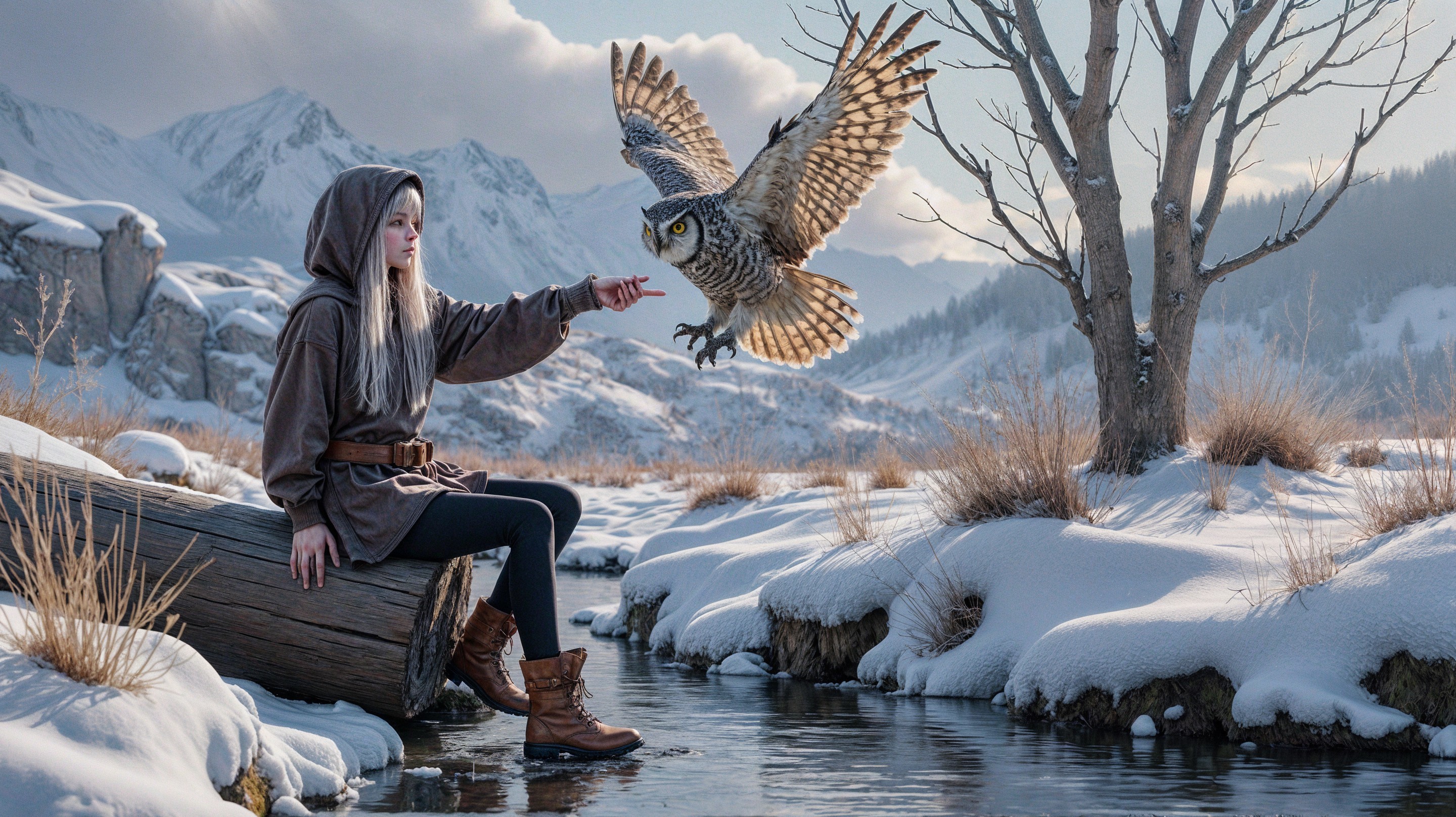 Young girl in cloak by snowy river with owl