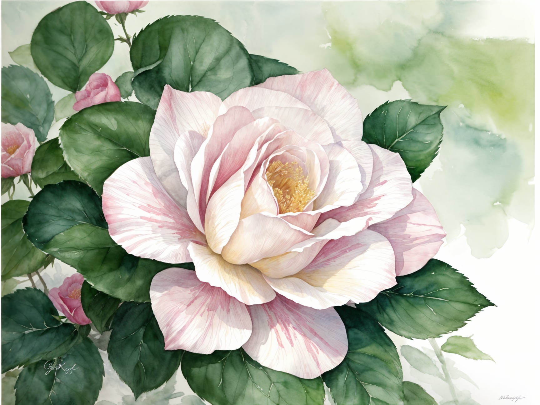 Watercolor Illustration of a Large Pink Rose Bloom