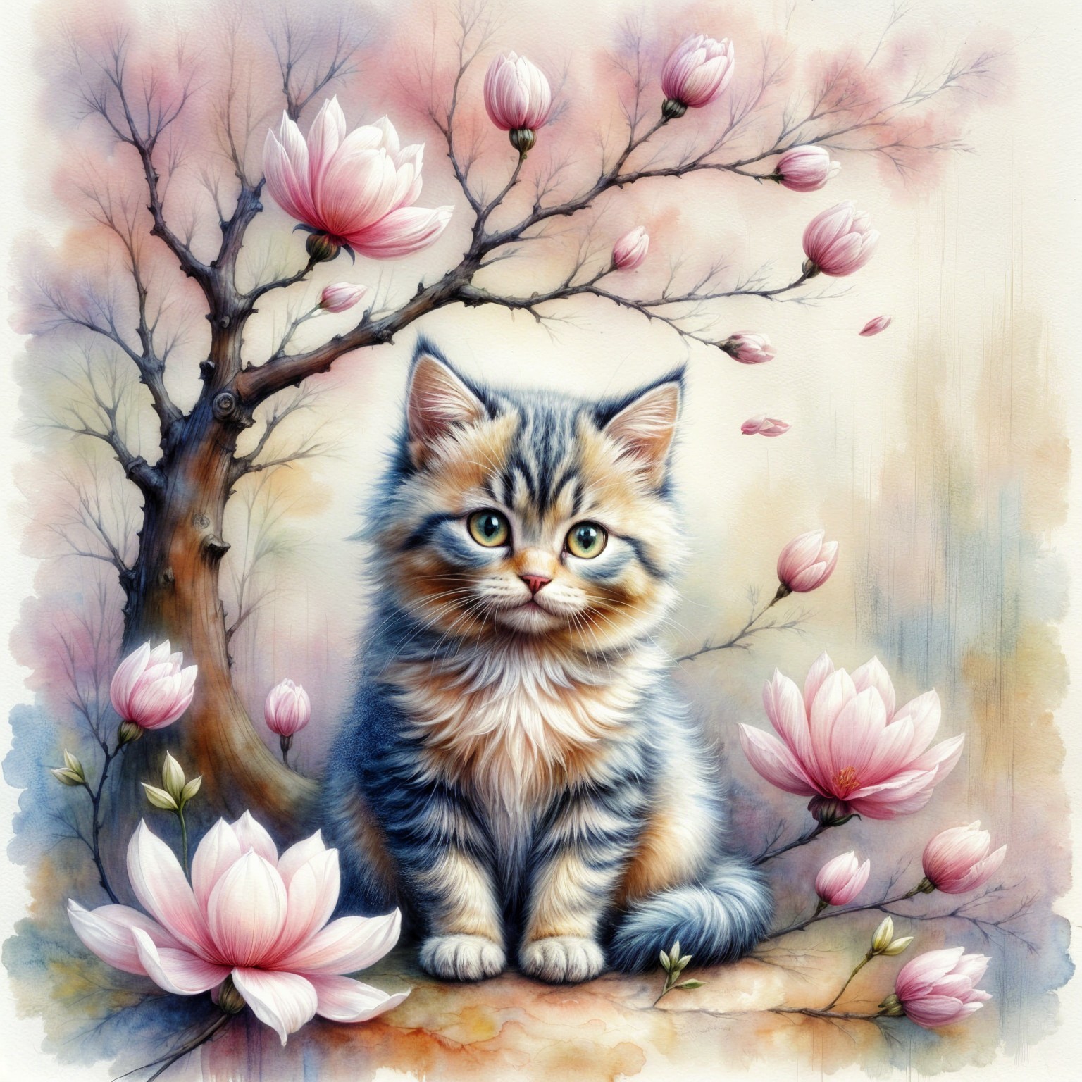 Tabby Kitten Surrounded by Pink Magnolia Blossoms