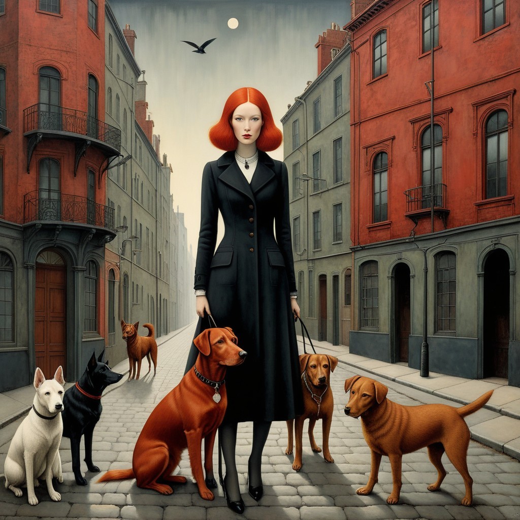 Vibrant Woman with Dogs on Cobblestone Street at Dusk