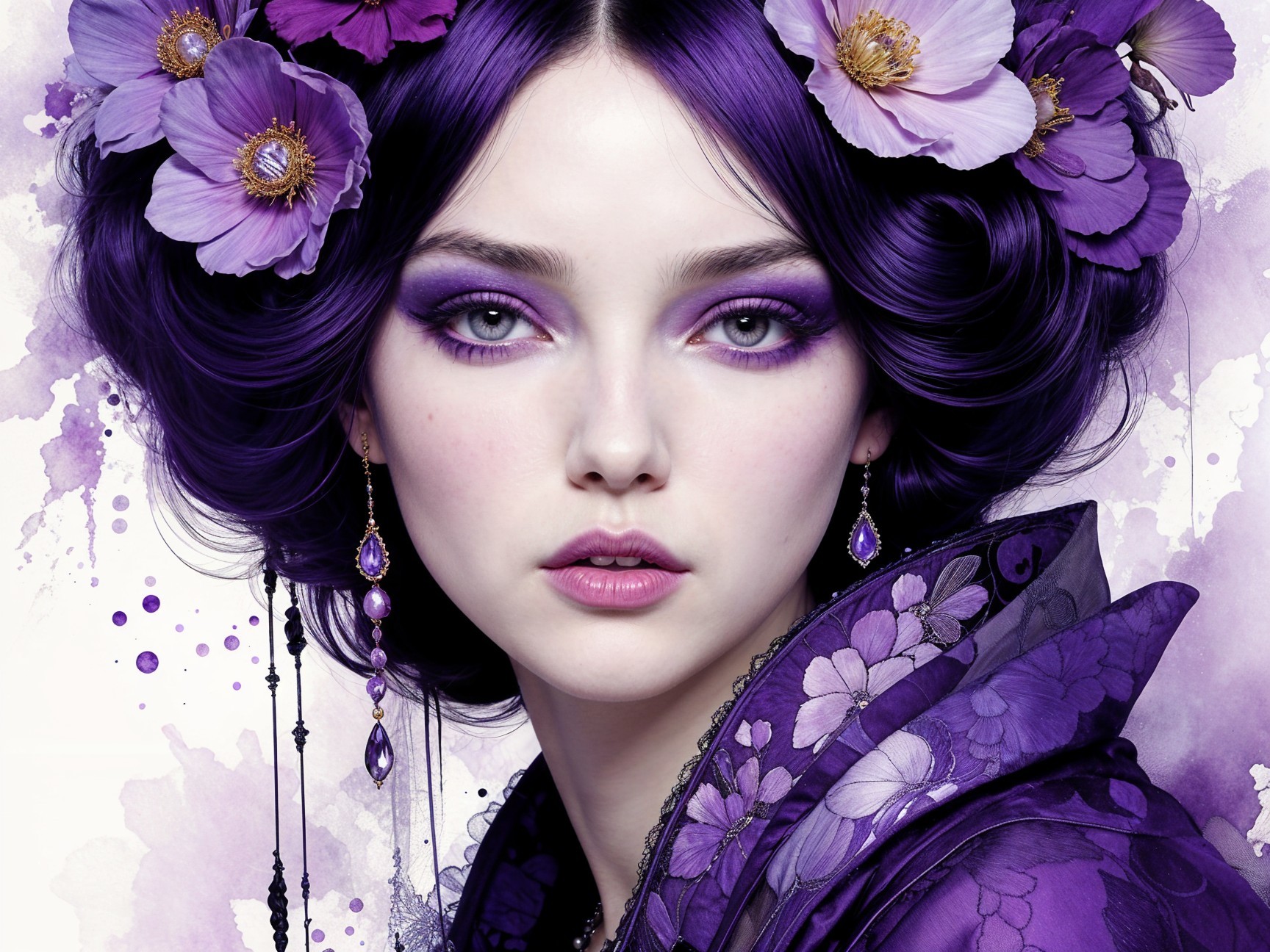 Portrait of a Young Woman with Purple Hair and Flowers