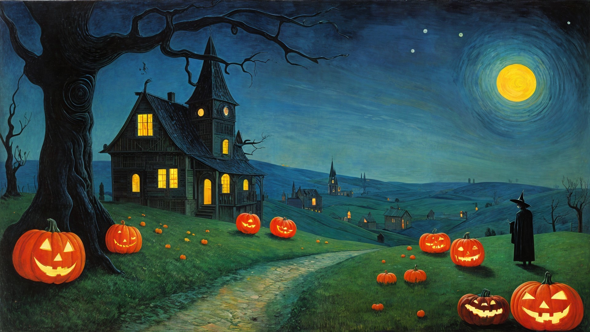 Whimsical Halloween Night Scene with Old House and Moon