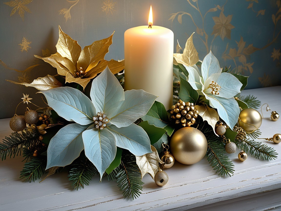 Flat Lay of Christmas Decorations with Candle and Ornaments