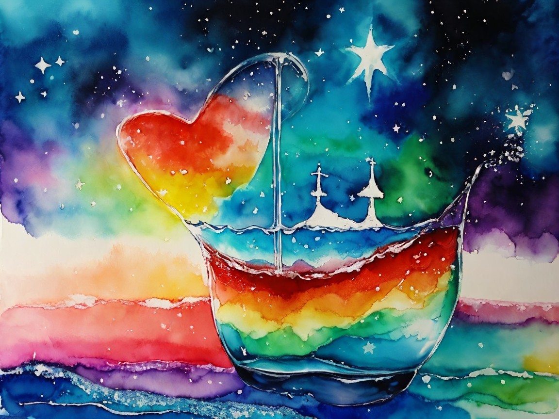 Whimsical Heart-Shaped Boat on Rainbow Ocean Scene