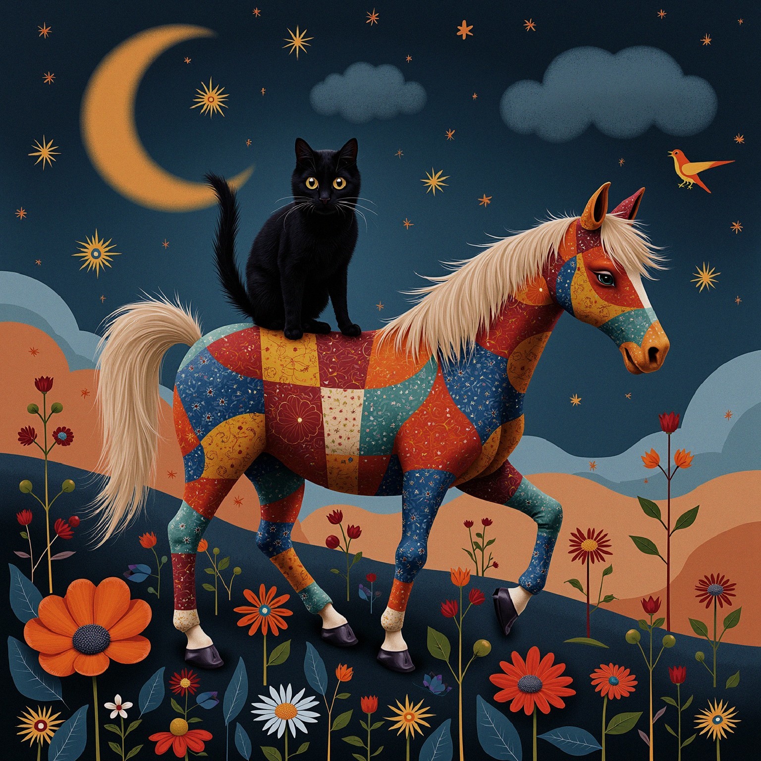 Whimsical Horse and Cat in Colorful Landscape Scene