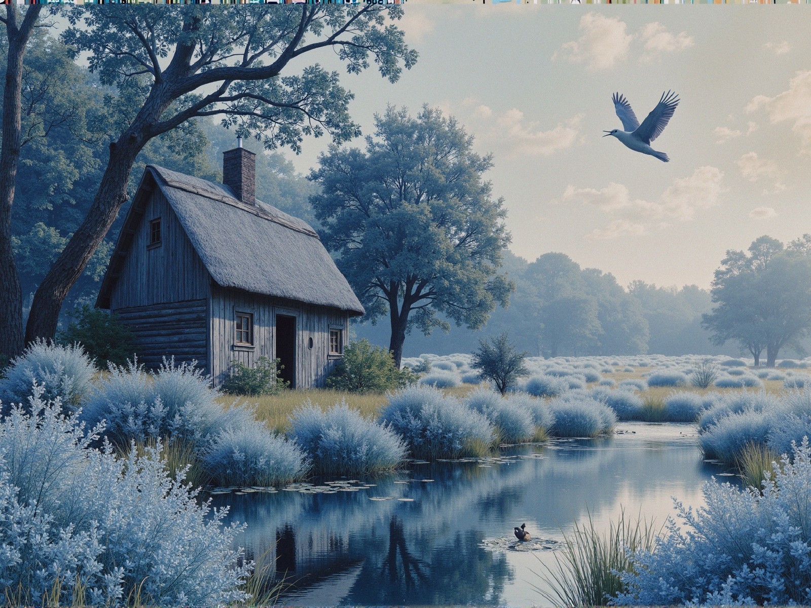 Tranquil Landscape with Cottage and Serene River