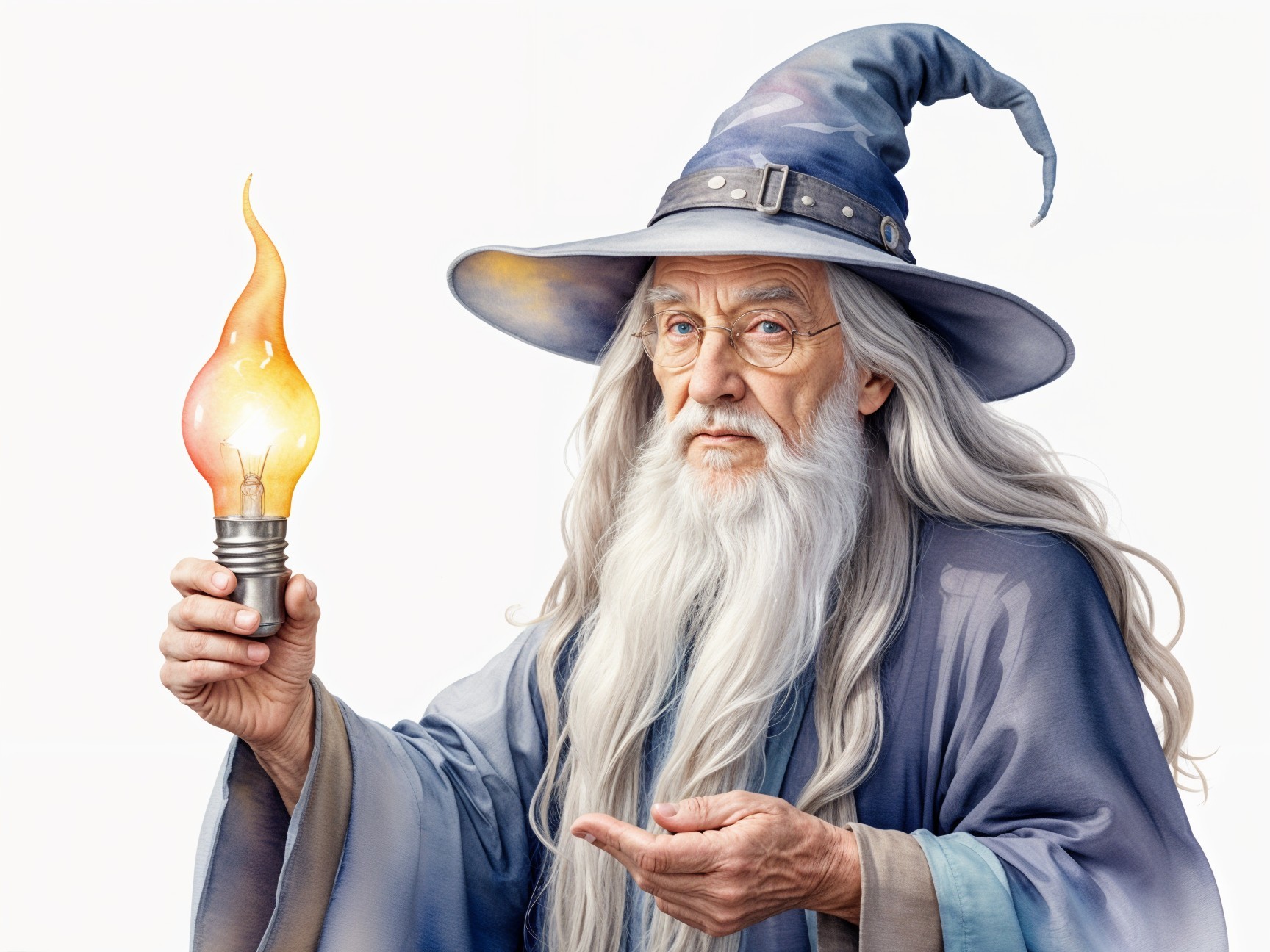 Elderly wizard with glowing orb and starry hat
