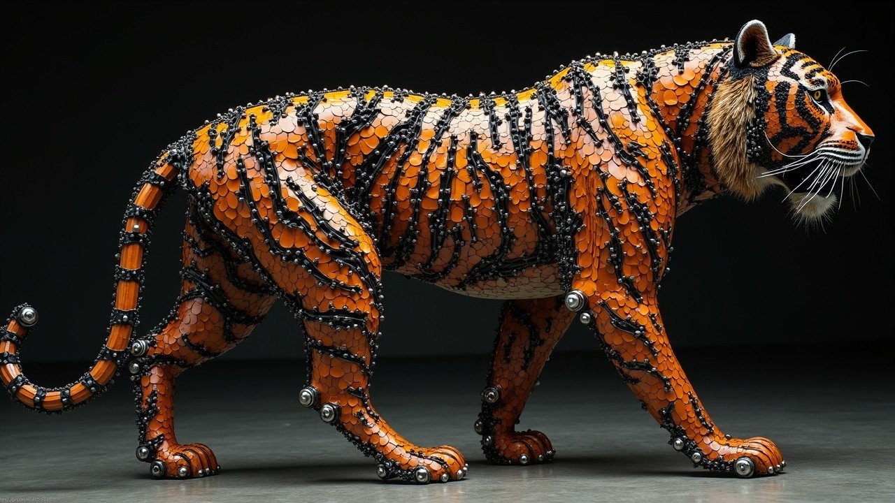 Sculpture of a tiger made from mechanical parts