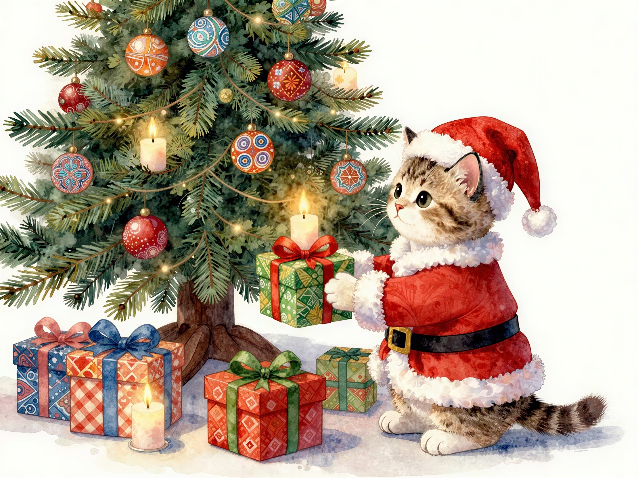 Watercolor of a kitten in Santa suit by a Christmas tree