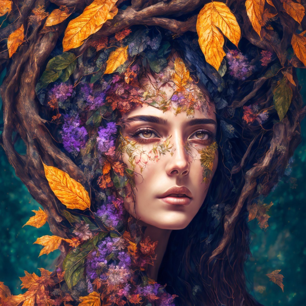 Portrait of a Woman with Nature-Inspired Patterns