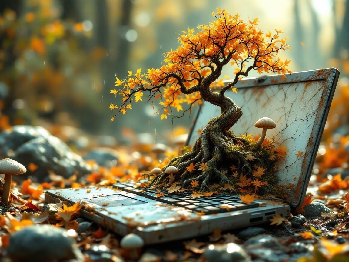 Whimsical Laptop Scene with Autumn Leaves and Tree