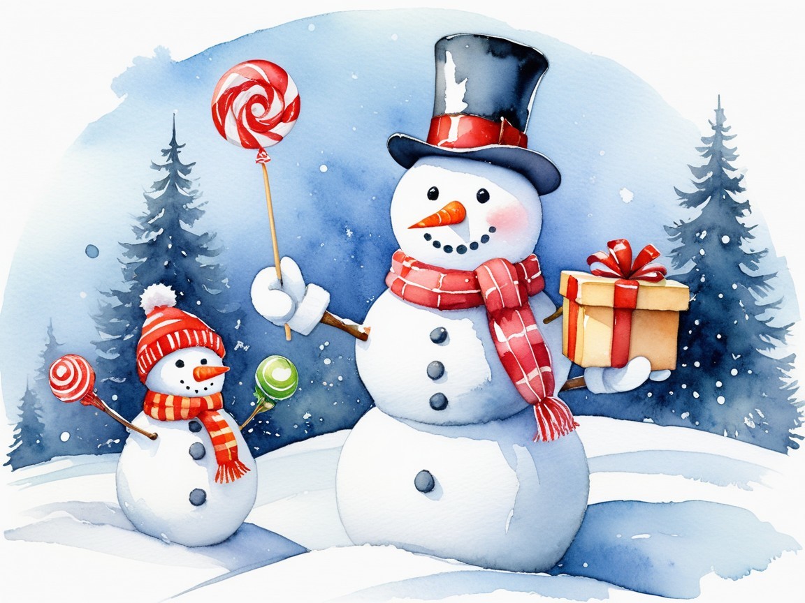 Watercolor Painting of Snowmen in Winter Forest