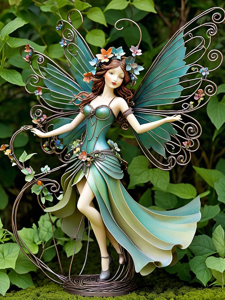 Fairy Figurine with Teal Wings in Lush Greenery