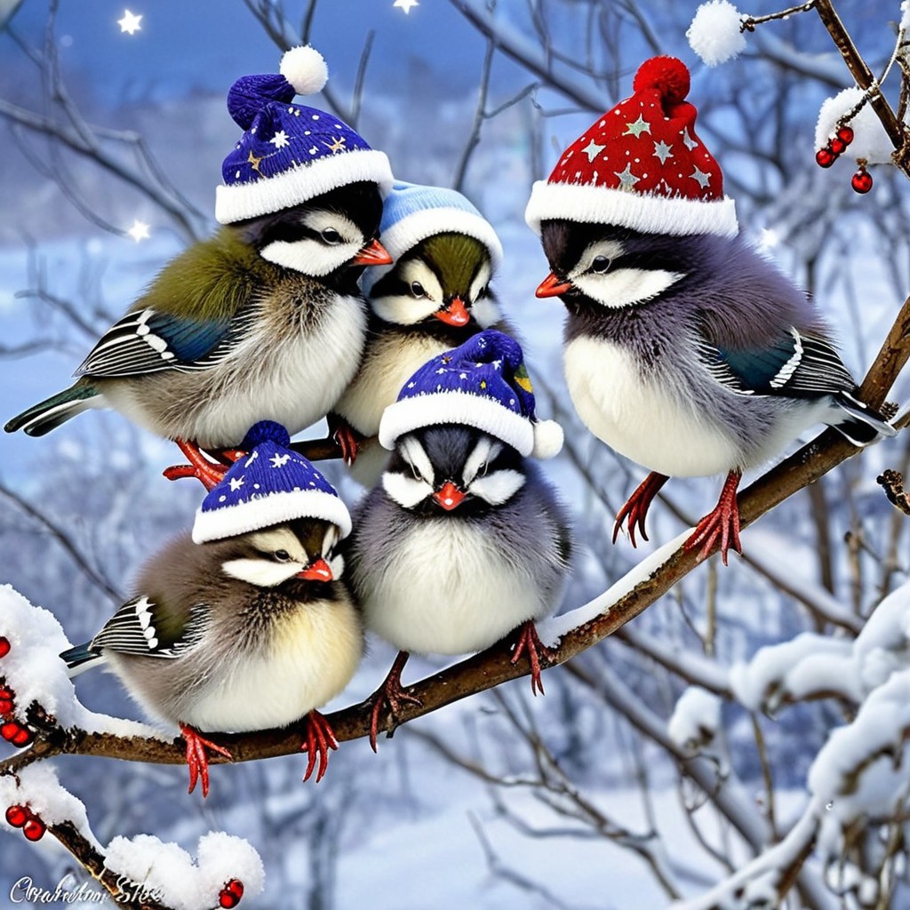 Small Birds in Winter Hats on Snowy Branch