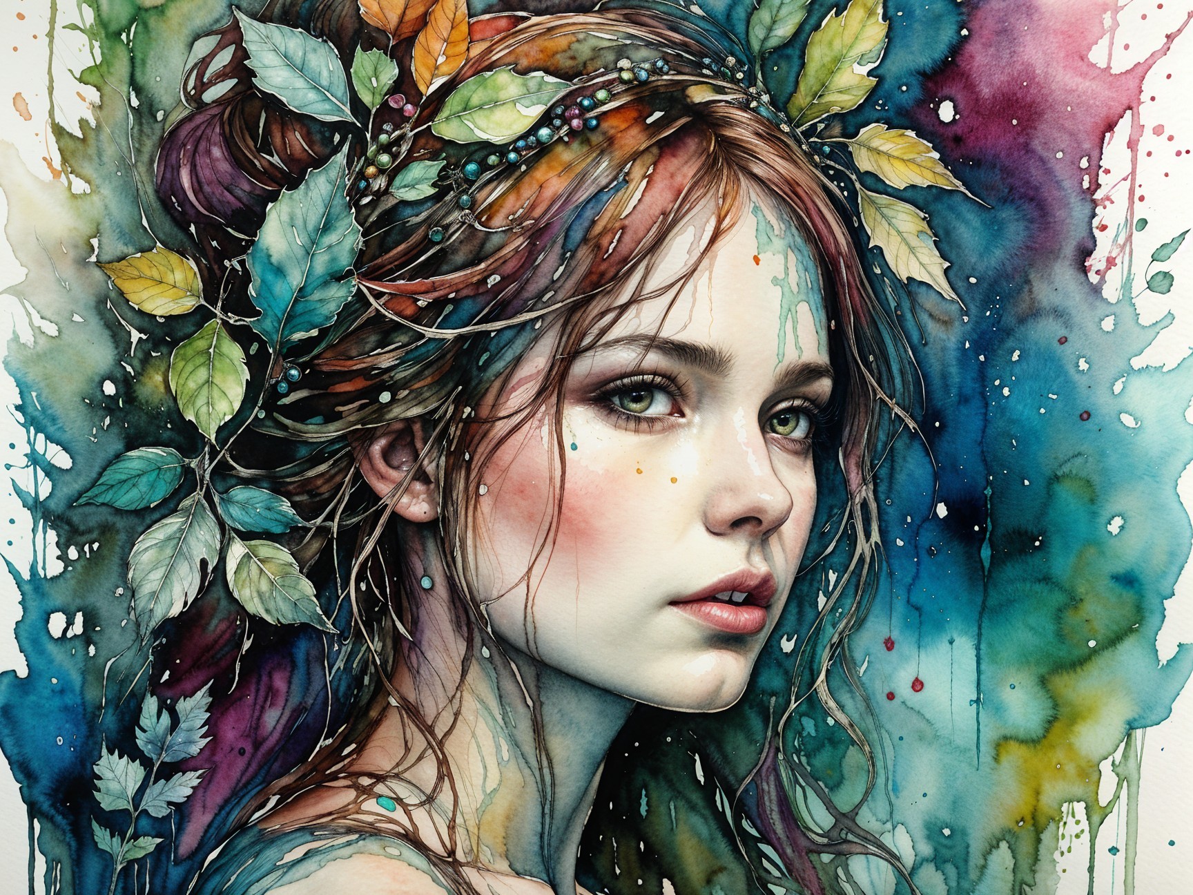 Watercolor Portrait of a Young Woman with Nature Elements
