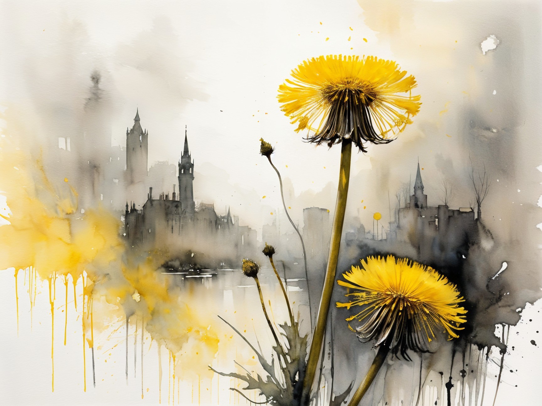 Vibrant Dandelions Against Misty Cityscape Background