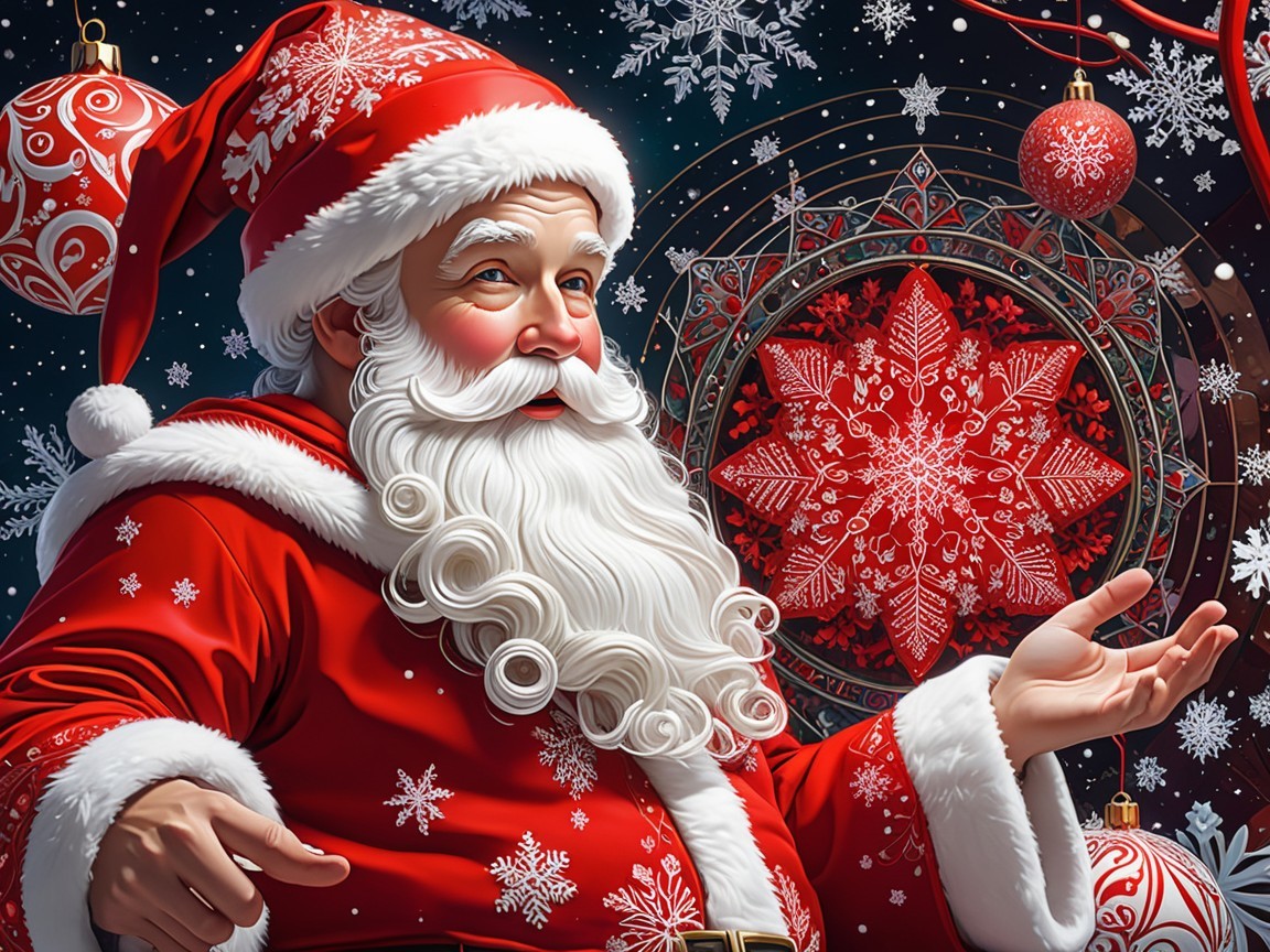 Jolly Santa Claus in Red Suit with Snowflakes and Ornaments