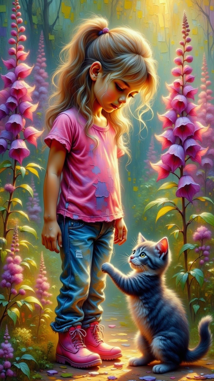 Young girl and kitten in a colorful forest setting