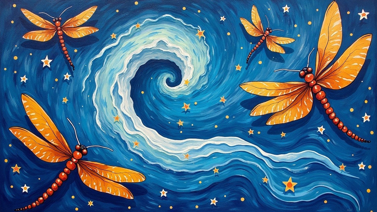 Vibrant Cosmic Scene with Blue Background and Dragonflies