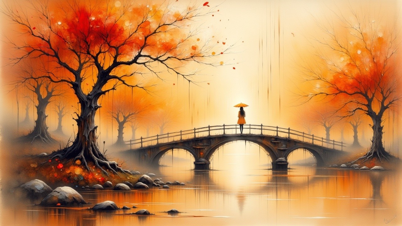 Autumn Landscape with Bridge and Tranquil River