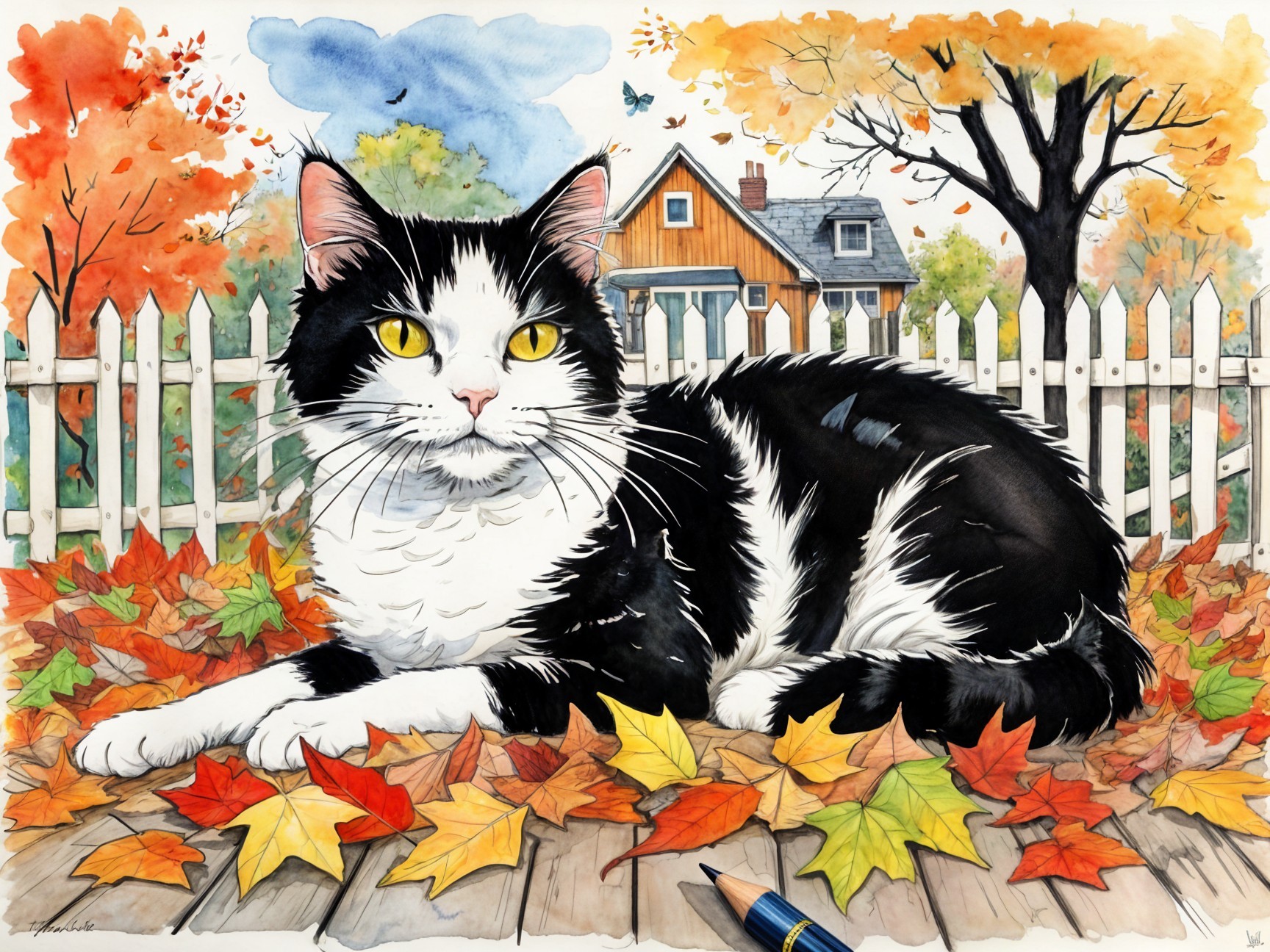 Black and White Cat Amidst Autumn Leaves and House