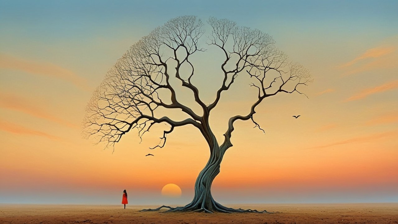 Solitary Figure Beneath Bare Tree at Sunset