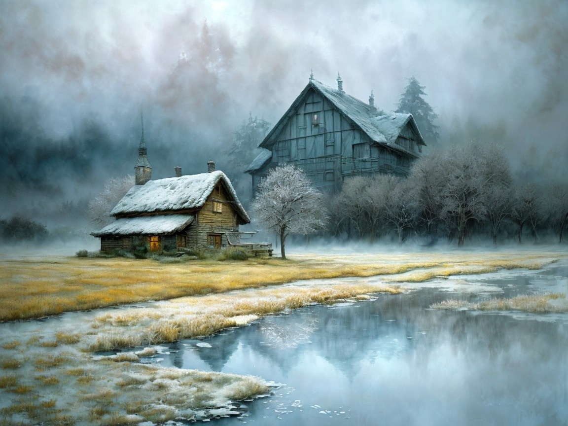 Winter Landscape with Houses and Reflective Pond