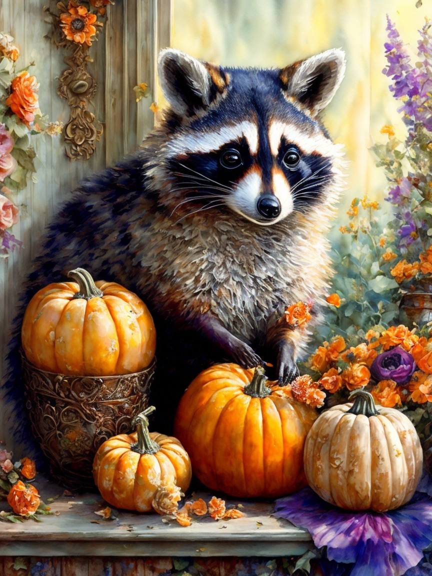 Raccoon with Pumpkins and Floral Autumn Background