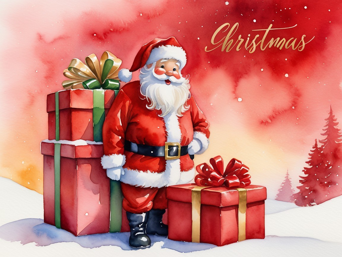 Santa Claus with Gift Boxes in Festive Holiday Scene