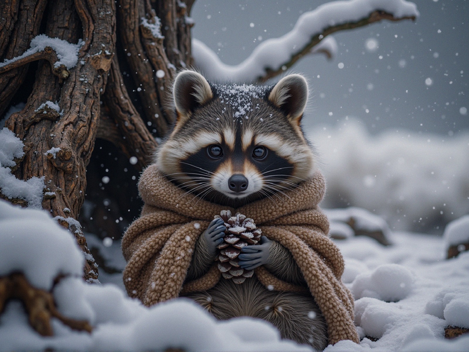 Raccoon in Blanket Surrounded by Snowy Landscape