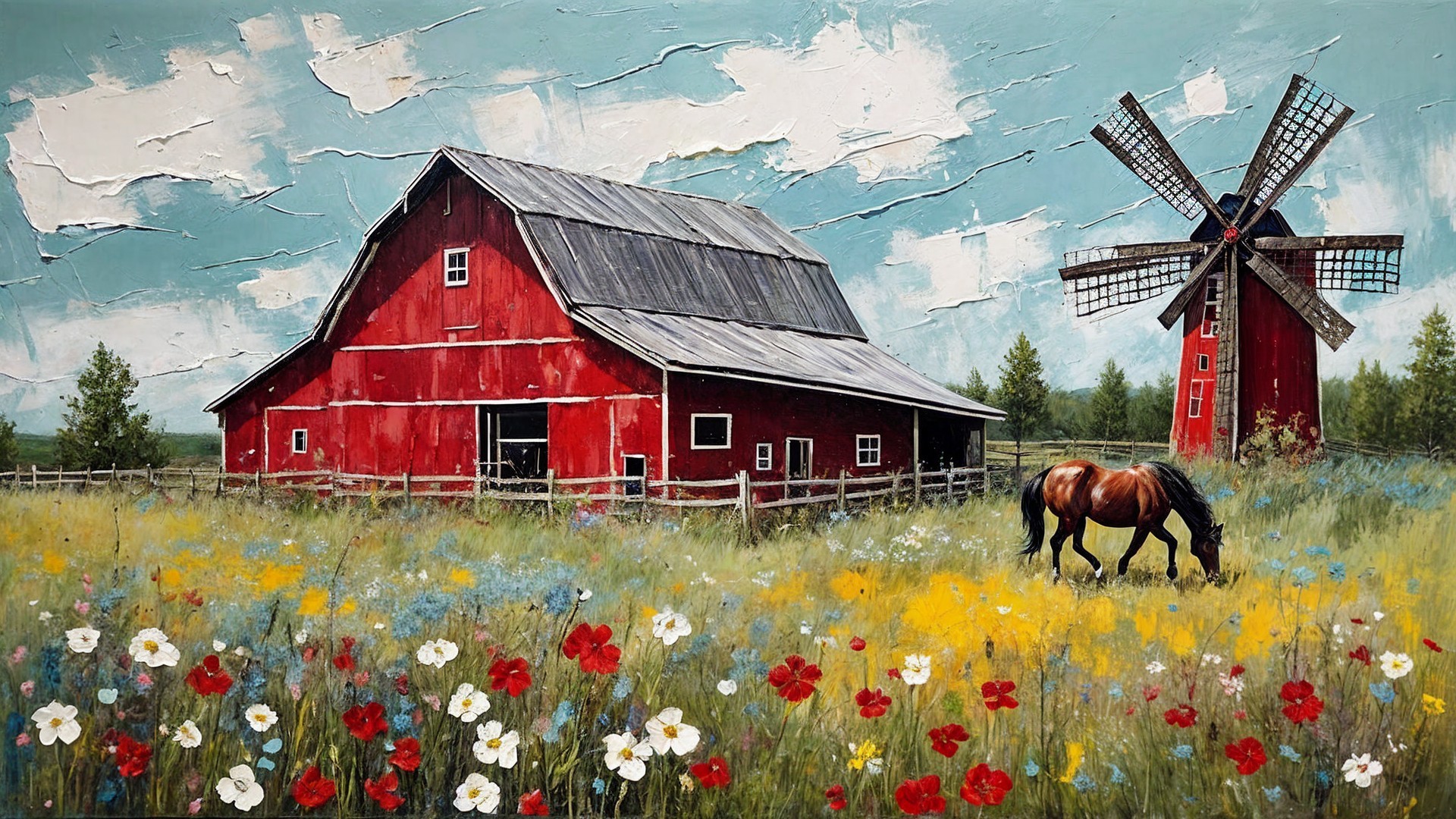 Vibrant Barn and Windmill in Idyllic Countryside Scene