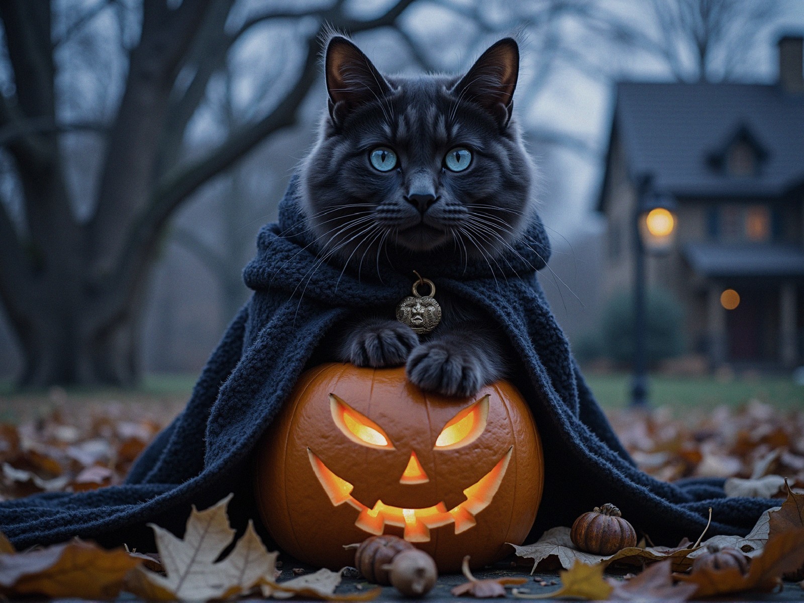 Black Cat on Pumpkin in Enchanting Halloween Scene