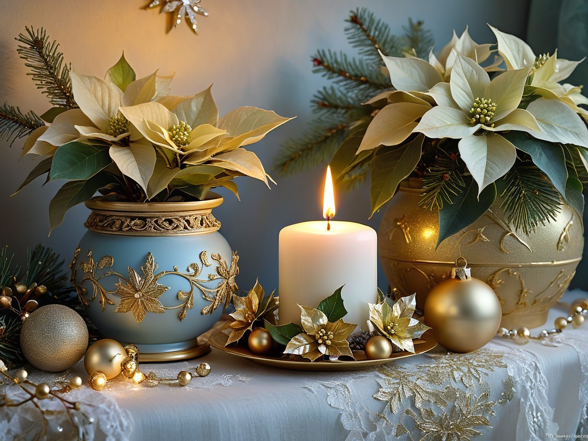 Elegant Holiday Display with Poinsettias and Candle