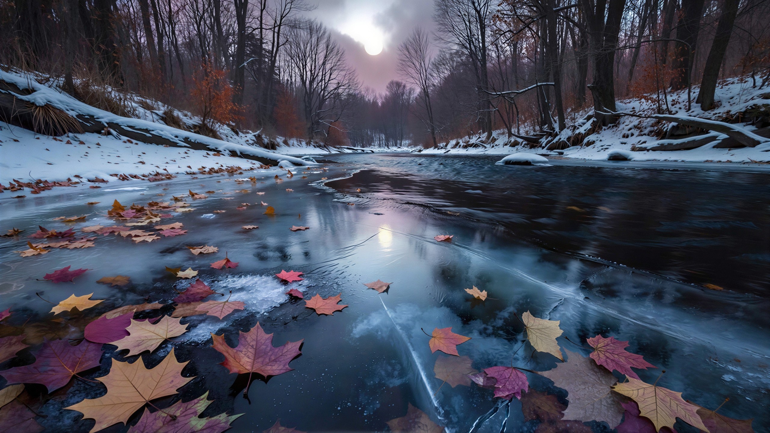 Autumnal river scene with ice and snow-covered banks