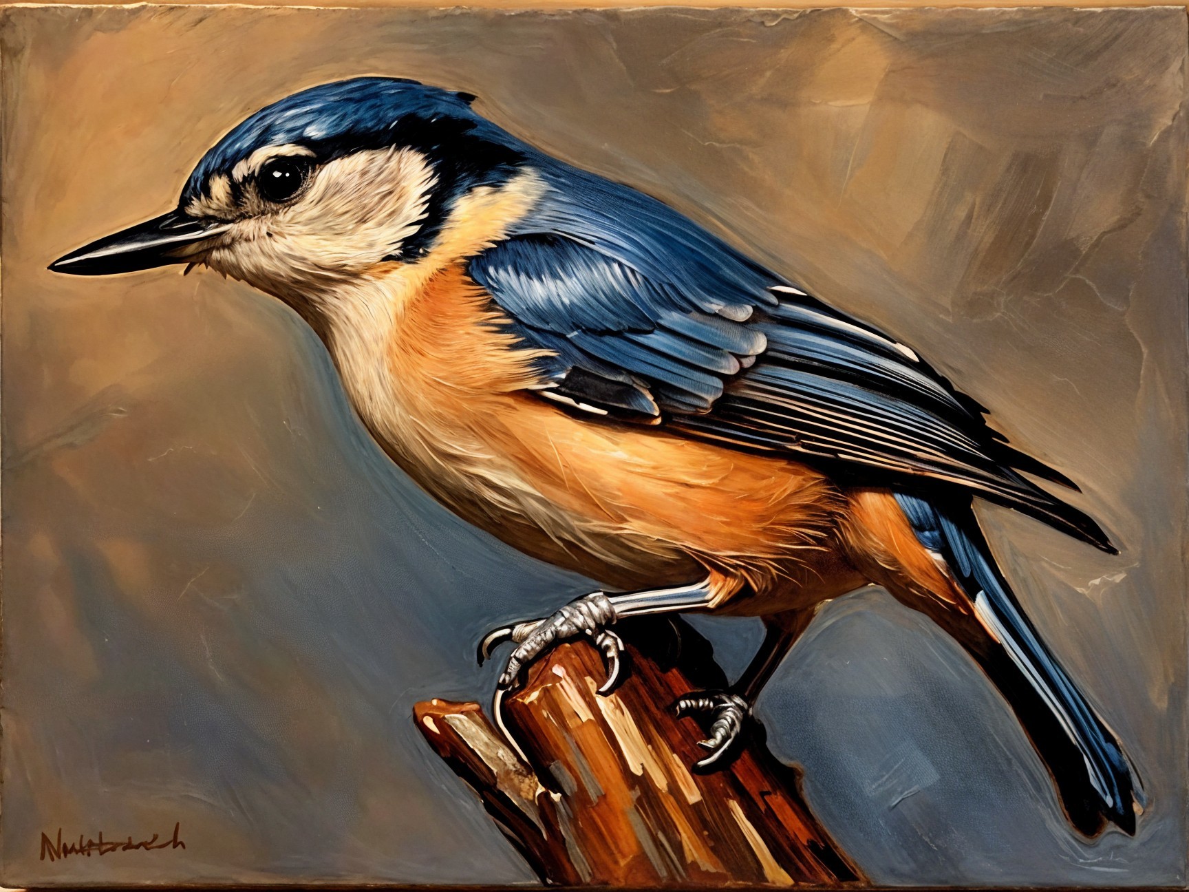 Detailed Painting of a Eurasian Nuthatch on Branch
