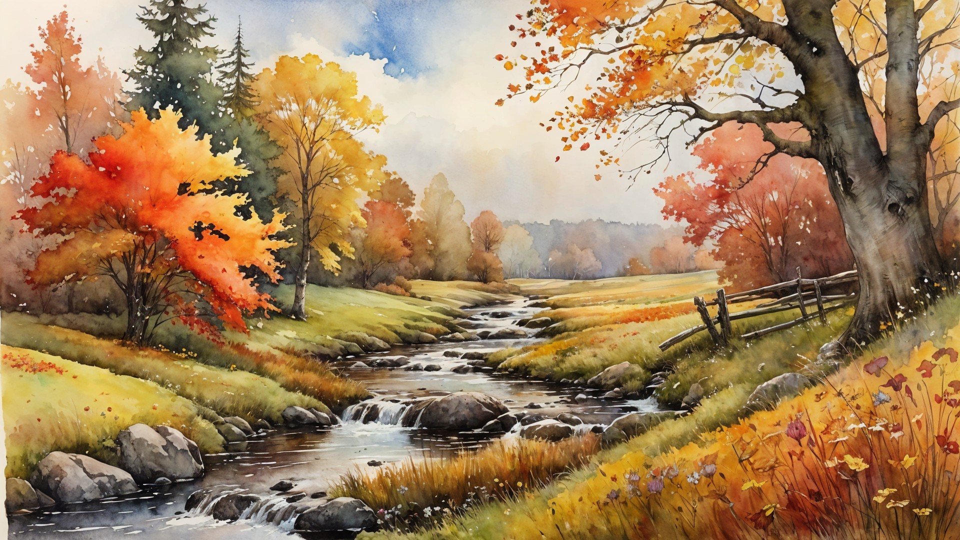 Autumn Landscape with Stream and Vibrant Forest