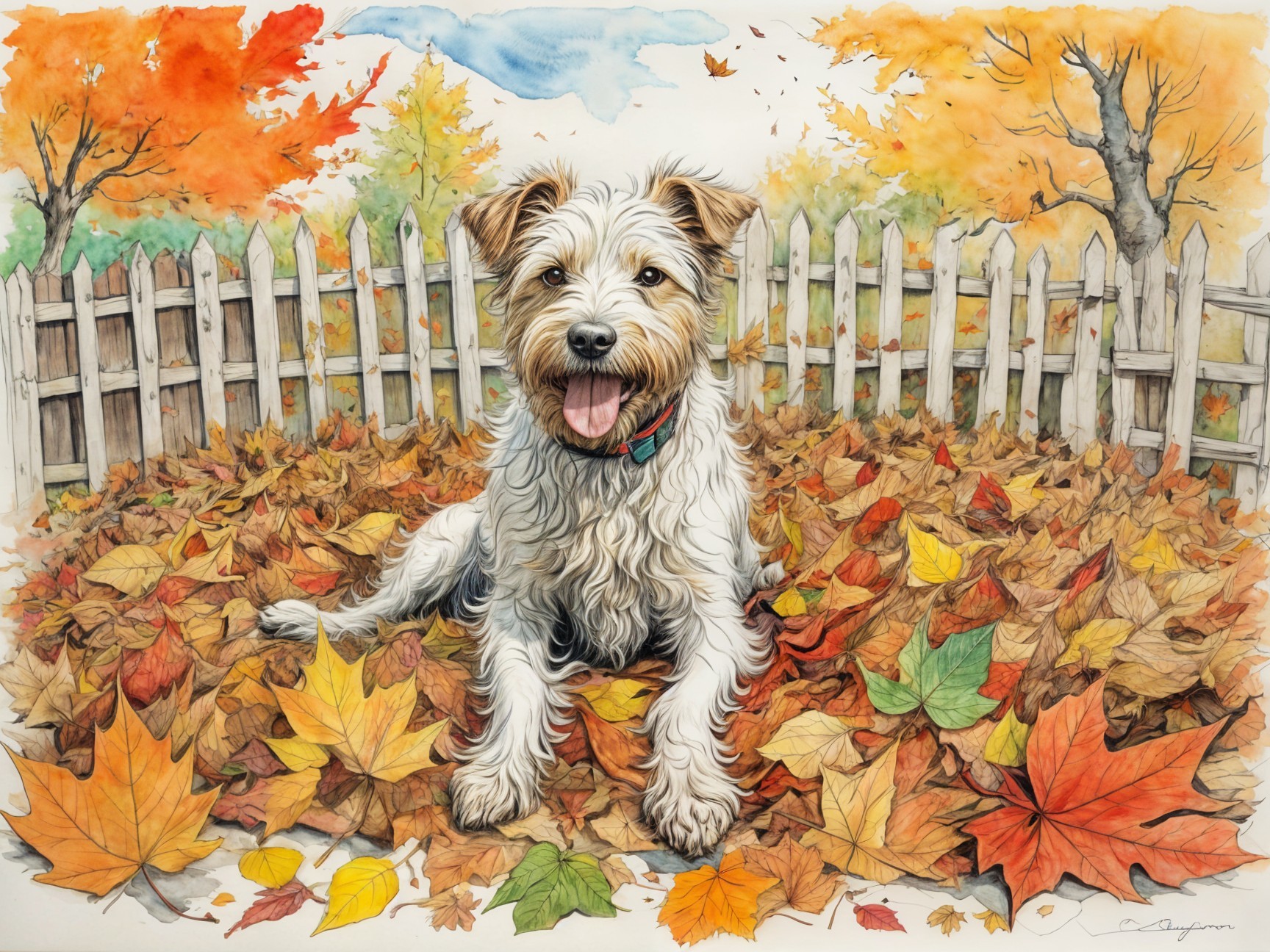 Fluffy Dog Surrounded by Colorful Autumn Leaves