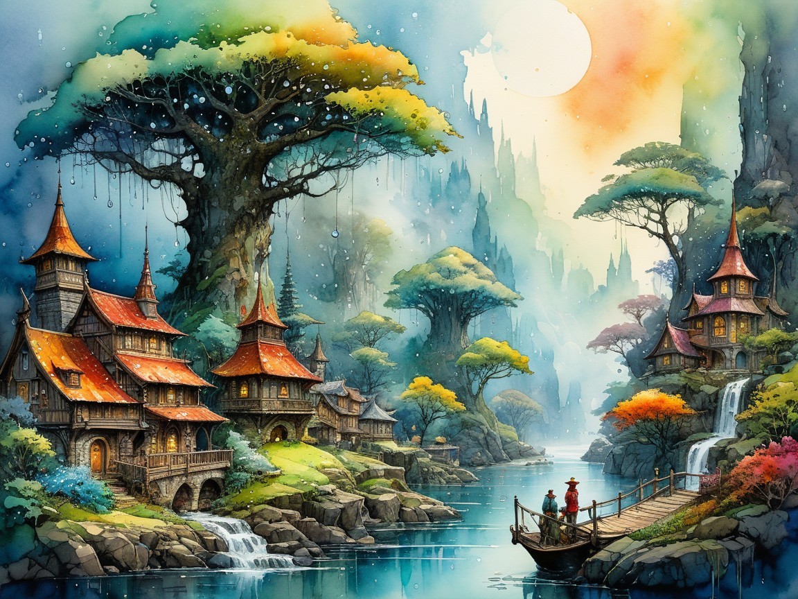 Serene Fantasy Landscape with Waterfalls and Trees