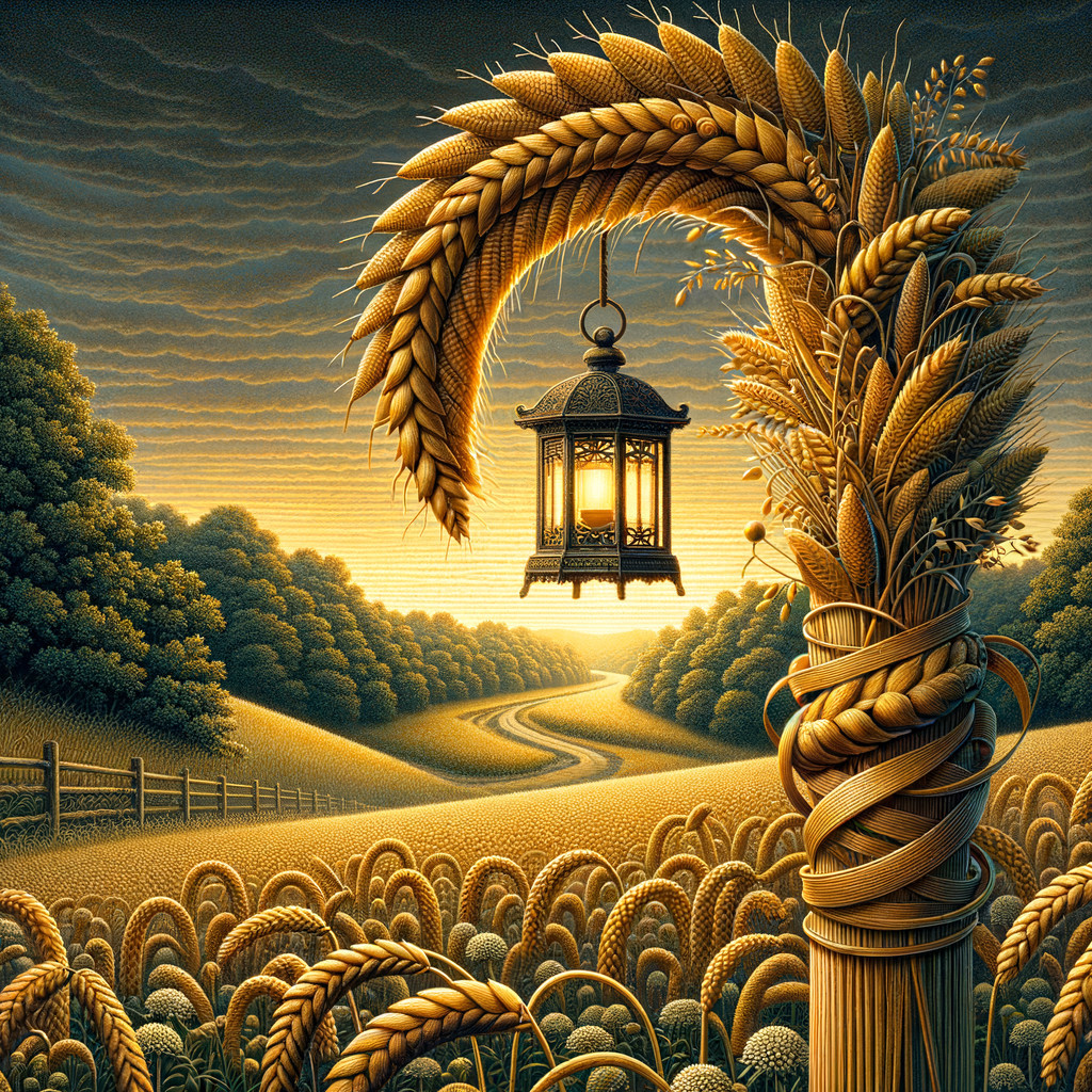 Serene Sunset Landscape with Wheat Field and Lantern