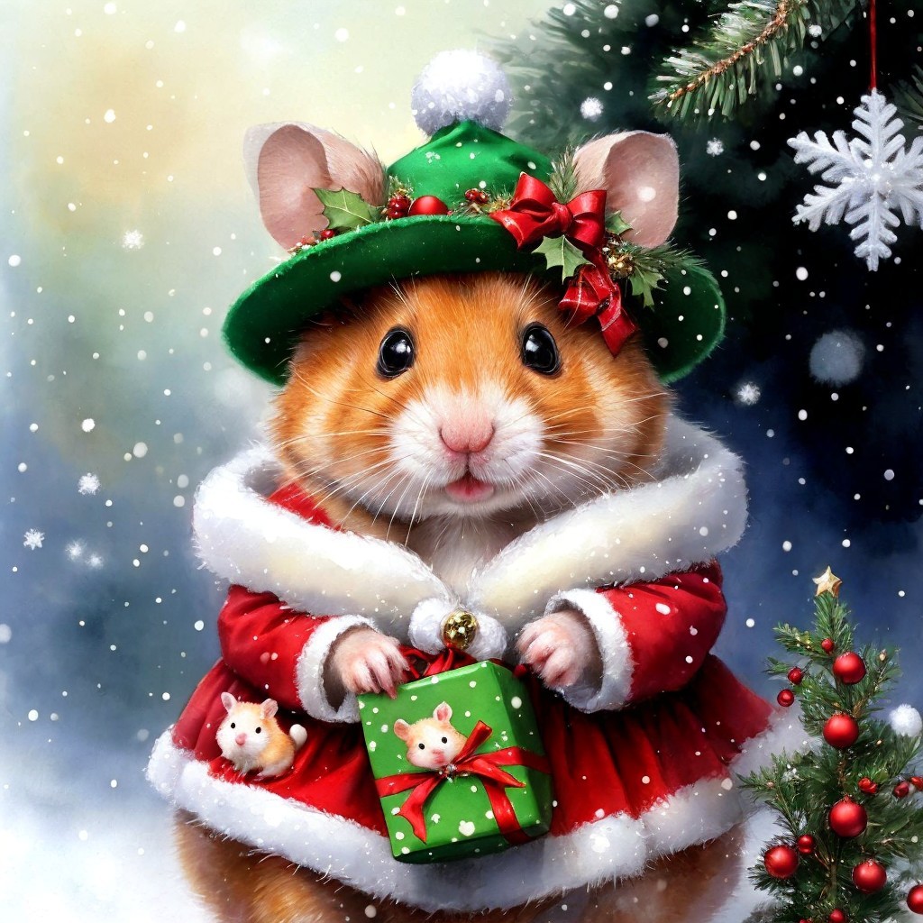 Hamster in Santa Suit with Holiday Decorations