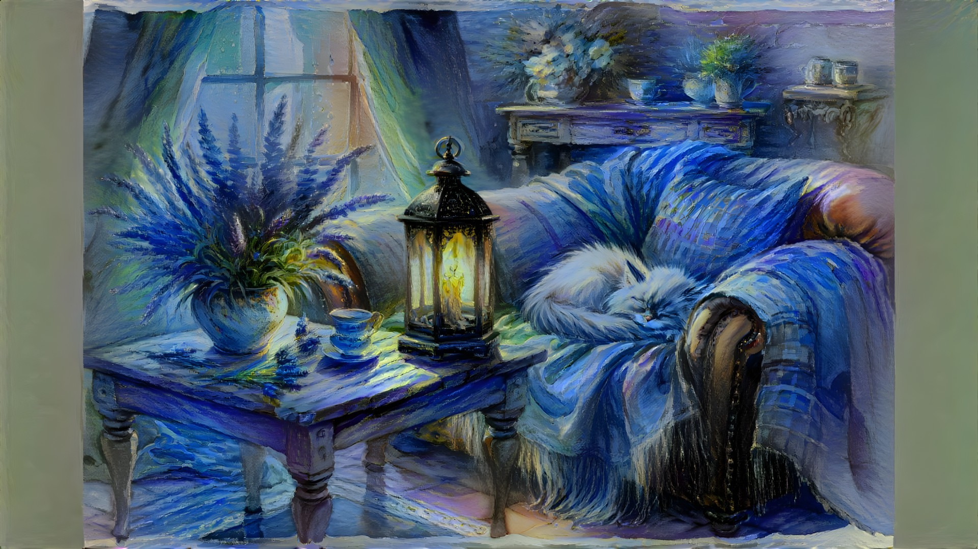Cozy living room with blue hues and tranquil elements