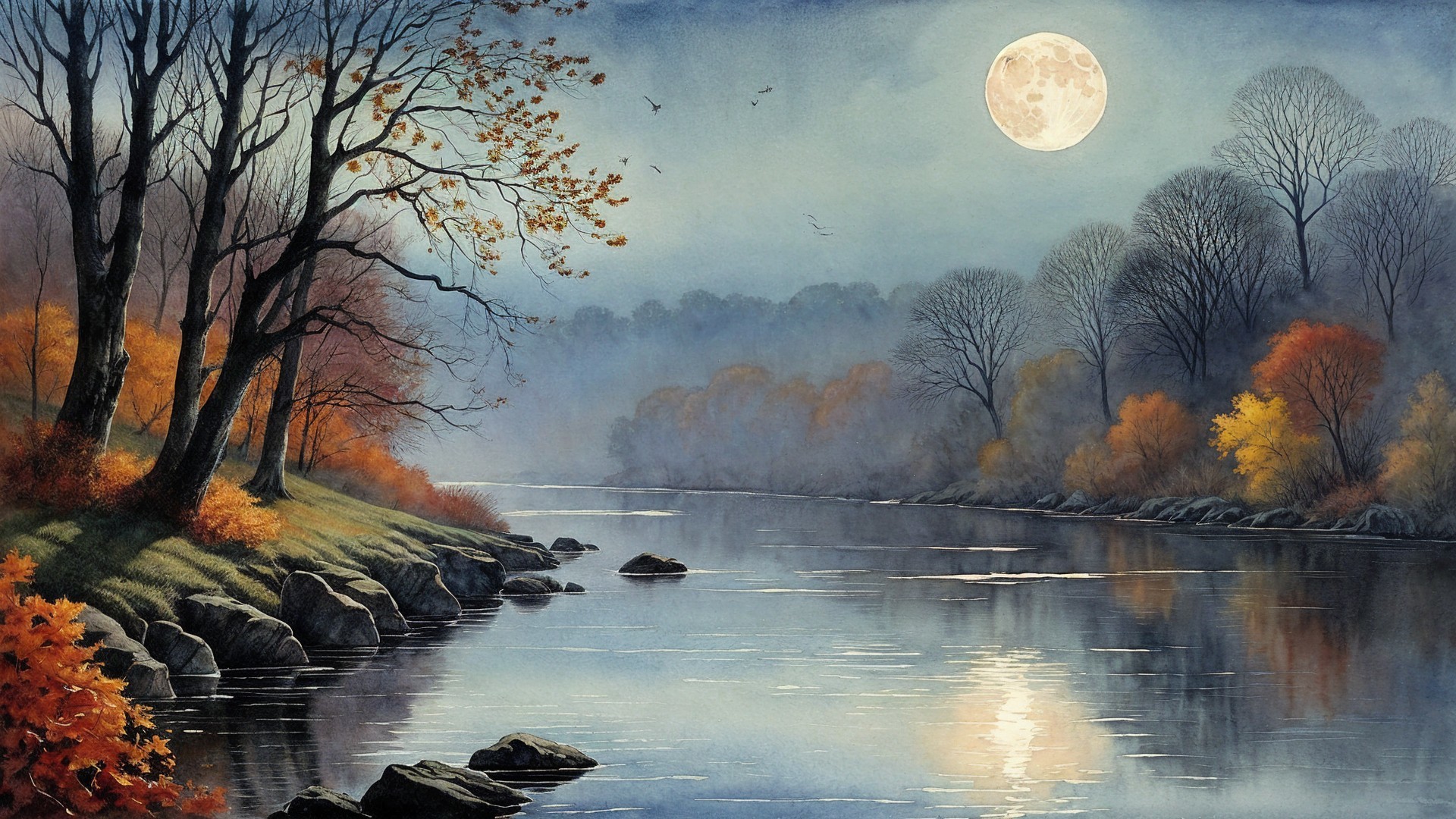 Serene Twilight Riverside Scene with Moonlight Reflection