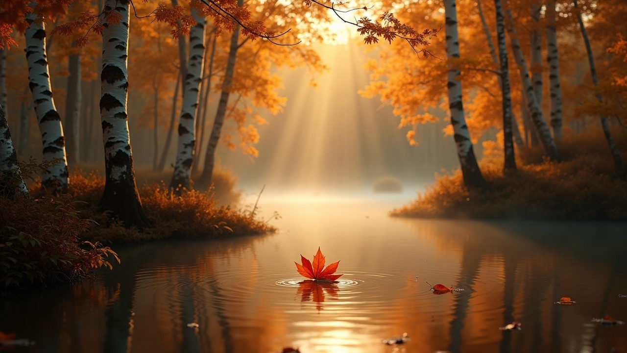 Autumn River Scene with Birch Trees and Maple Leaf