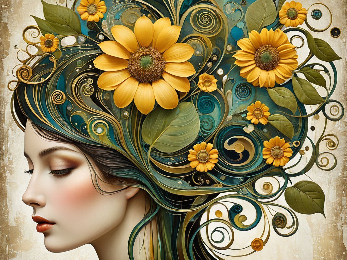 Profile of a woman with flowers and lush leaves