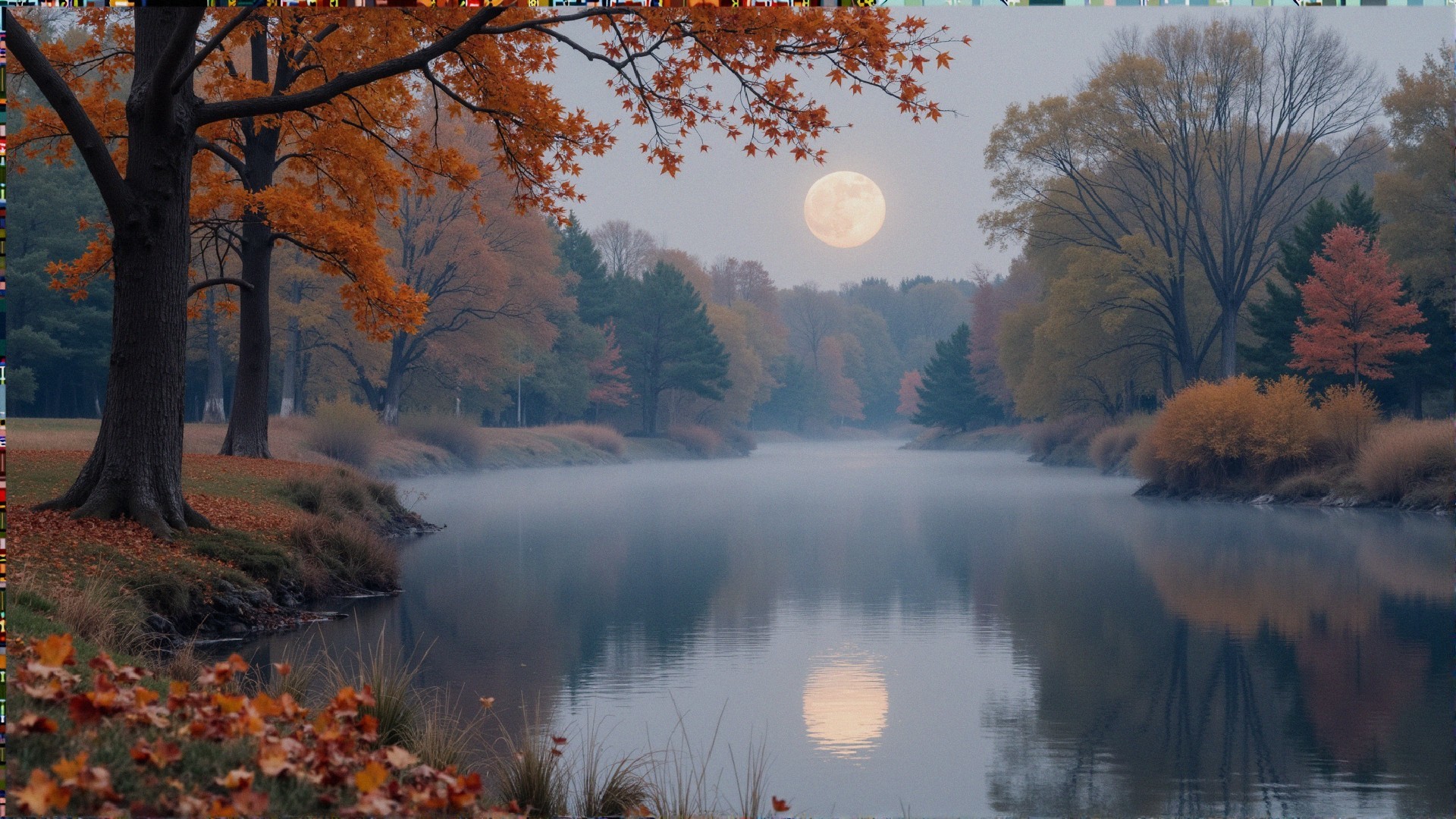 Autumn Landscape with River and Full Moon Reflection
