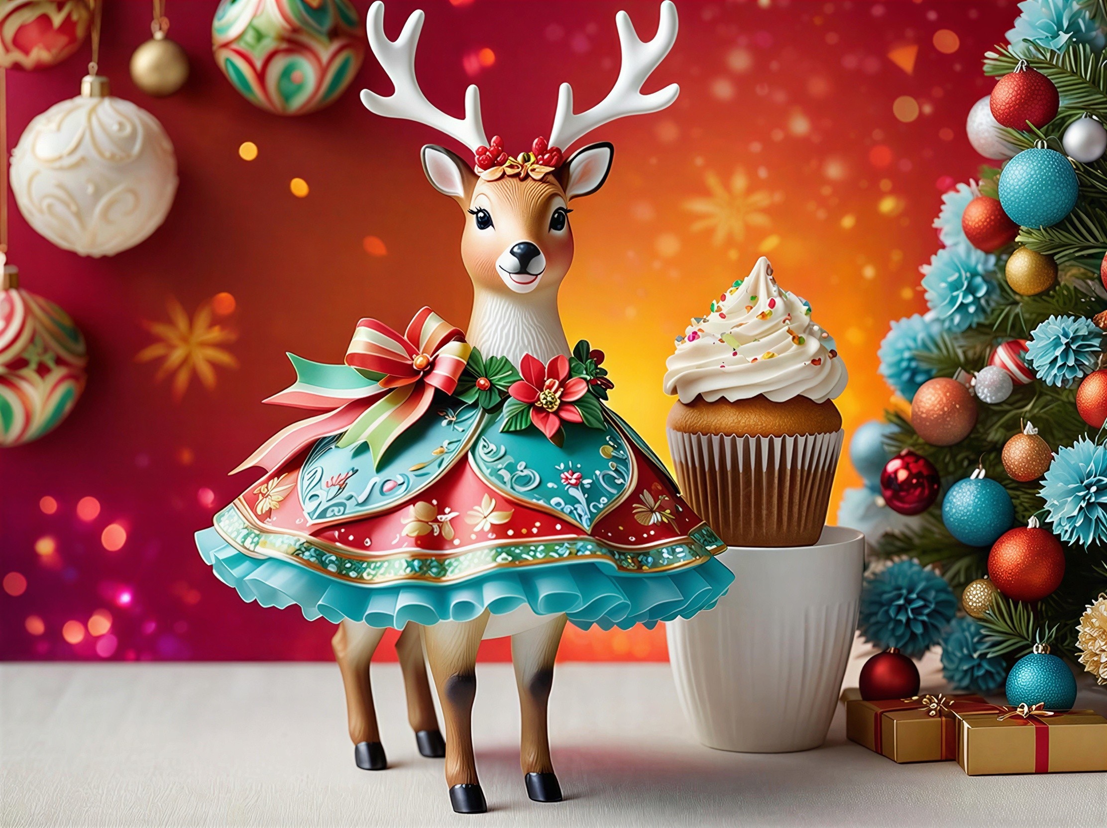 Festive Christmas Scene with Whimsical Reindeer Figurine